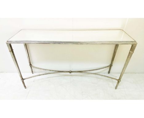 CONSOLE TABLE, Italian design with mirrored top on silvered metal stretchered supports, 77cm H x 140cm W x 39cm D