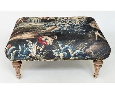 HEARTH STOOL, rectangular with French style tapestry print upholstery and fluted tapering supports to castors, 92cm x 72cm x 