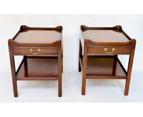 LAMP TABLES, a pair, George III design mahogany each with frieze drawer and undertier, 61cm D x 51cm W x 63cm H. (2)