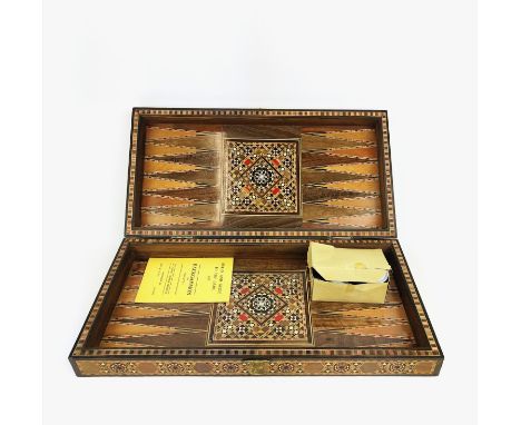 BACKGAMMON SET, 20th century hardwood and inlaid, folding enclosed case with counters, 24.5cm x 49cm x 8cm.