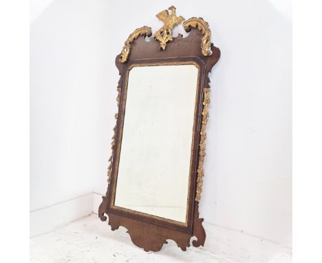 WALL MIRROR, Chippendale style mahogany, with gilt carved, bird detail with a bevelled plate, 117cm H x 58cm W.