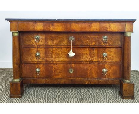 COMMODE, Empire walnut and gilt metal mounted with grey marble top, above four drawers, 91cm H x 131cm W x 65cm D.