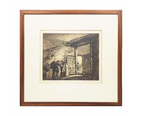 SIR FRANK WILLIAM BRANGWYN RA RWS RBA (1876-1956), THE GATE OF THE FARM, etching, signed in pencil, 28cm x 33cm, framed.