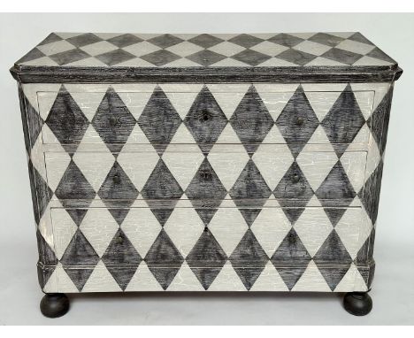 HARLEQUIN COMMODE, Continental 19th century craquelure and painted with three long drawers and bun supports, 114cm W x 52cm D