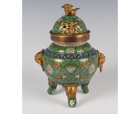 A Chinese cloisonné tripod censer and domed cover, 20th century, with gilt metal Buddhistic lion finial and lion mask and rin