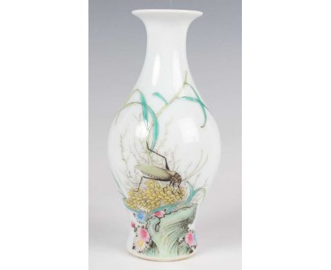 A Chinese famille rose enamelled porcelain vase, mark of Qianlong but probably 20th century, of slender baluster form, painte