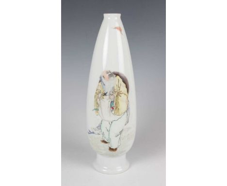 A Chinese porcelain vase, Republic style but probably later, of elongated ovoid form, painted with a figure looking upwards t