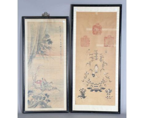 A Chinese watercolour on silk, early 20th century, painted with a sage and attendant upon a gnarled wood raft beneath branche