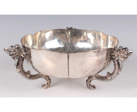A Chinese export silver bowl, late 19th/early 20th century, of lobed circular form, supported by three dragon scroll legs, ma