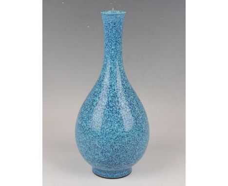 A Chinese 'robin's egg' enamelled bottle vase, mark of Qianlong but later, the ovoid body and narrow neck covered in a mottle