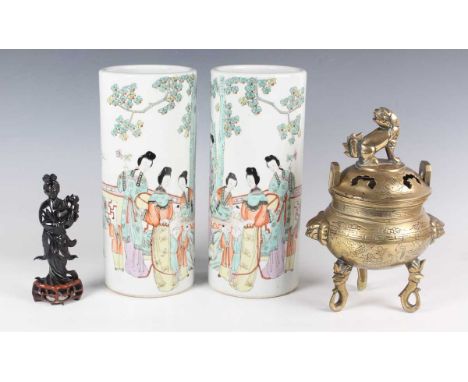 A pair of Chinese famille rose decorated cylinder vases, 20th century, each painted with figural scenes, red printed pseudo s