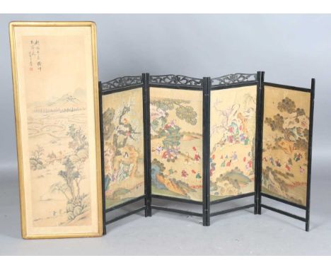 A Chinese ebonized softwood framed four-fold screen, early 20th century, each inset with a watercolour painting on silk depic