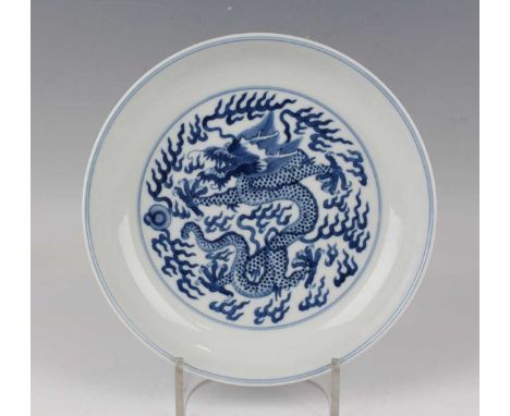 A Chinese blue and white porcelain saucer dish, mark of Qianlong but probably 20th century or later, the centre painted with 