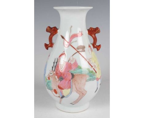 A Chinese famille rose enamelled porcelain vase, mark of Yongzheng but probably Republic period, the baluster body painted wi