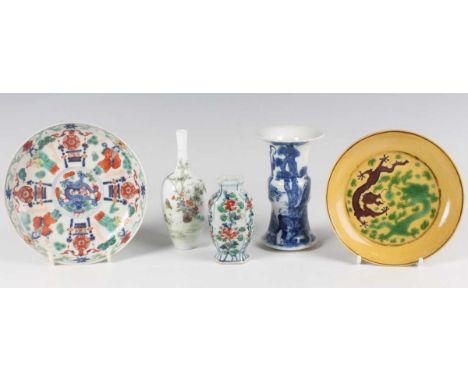 A small group of Chinese porcelain, including a wucai saucer dish, mark of Wanli but 19th century, painted with figures and d