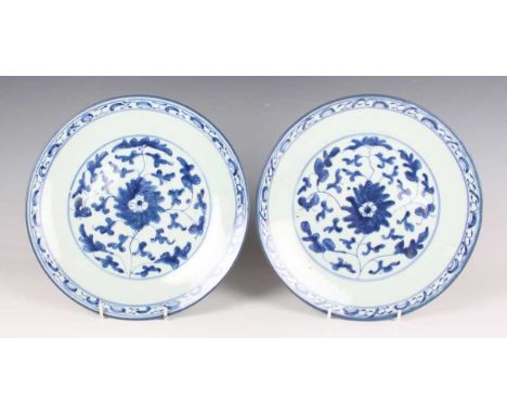 A pair of Chinese Ming style blue and white porcelain circular dishes, mark of Jiaqing but probably later Qing dynasty, each 