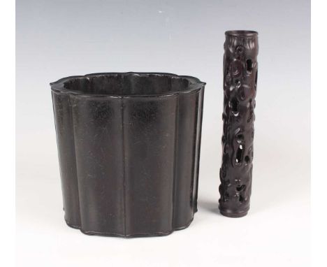 A Chinese zitan wood brushpot, probably late Qing dynasty, of slightly flared form with barbed quatrefoil outline and fluted 