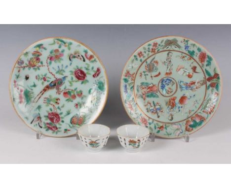 Two Chinese famille rose enamelled celadon ground porcelain plates, mid to late 19th century, one painted with birds, butterf