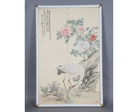 A Chinese watercolour painting on silk, probably early 20th century, depicting a red-capped crane standing beside narcissi, l