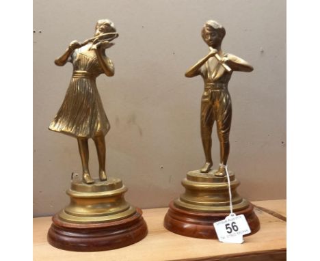 2 brass figures playing violin &amp; flute on wooden bases
