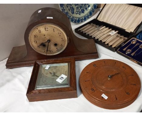 A 1930's oak mantle clock (no glass), aneroid barometer &amp; a round wall clock