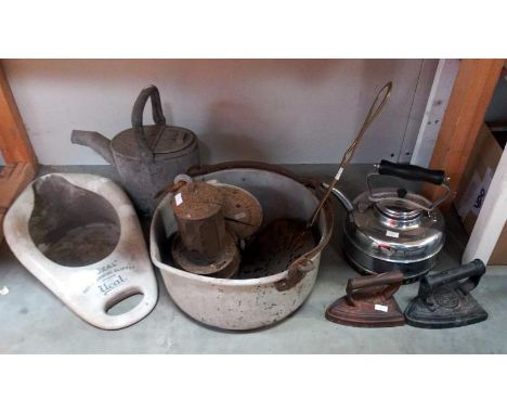 A vintage small galvanised watering can, jam pan, cast iron flat irons &amp; balance scales etc.