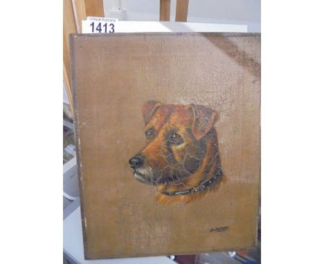 An oil on canvas dog portrait signed B Patrick,23cm x 28cm