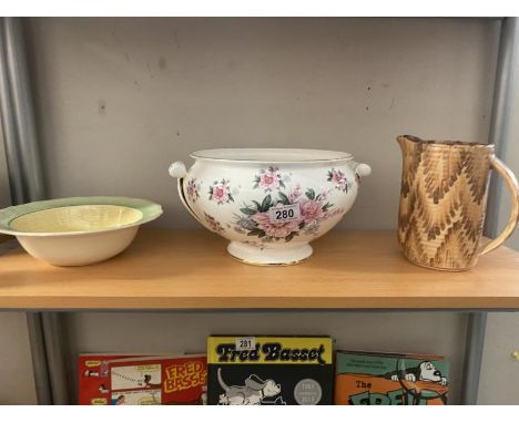 A Mayfair pottery pitcher, a  dish by J. Fryer and Son and a large floral planter (COLLECT ONLY)