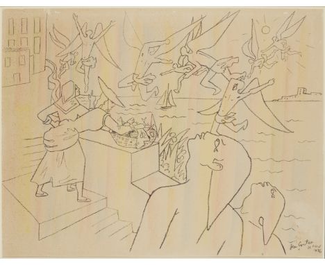 JEAN COCTEAU (1889-1963)La Chapelle à Villefranche signé et dédicacé son amie Jeanlithographie rehausée aux pastels49 x 63cm 