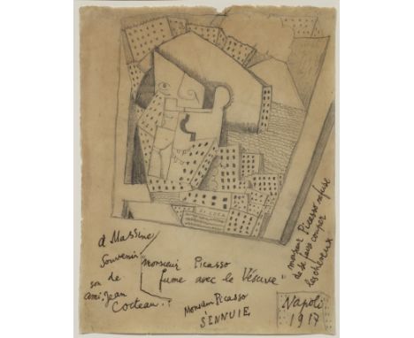 JEAN COCTEAU (1889-1963)Portrait de Picasso-cubiste signé, daté et dédicacé à l'encre à Massine souvenir de son ami Jean Coct