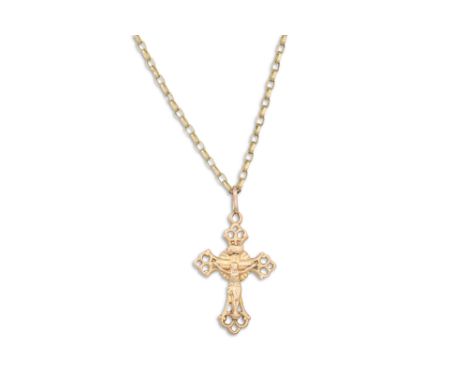 A 9CT GOLD BELCHER LINK CHAIN AND CROSS, 8.9 g.