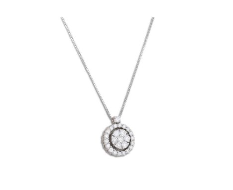 A DIAMOND CLUSTER PENDANT, of circular form, on a 18ct white gold chain. Estimated: weight of diamonds: 0.90 ct