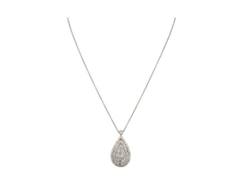 A DIAMOND CLUSTER PENDANT, the pear shaped stone to a brilliant cut diamond surround, in white gold. Estimated: weight of cen