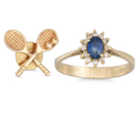 A SAPPHIRE AND DIAMOND CLUSTER RING, mounted in 14ct gold, size K - L, together with a 9ct gold “Tennis” lapel brooch, 1.7 g.