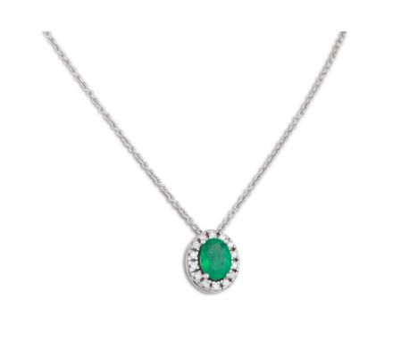 AN EMERALD AND DIAMOND CLUSTER PENDANT, mounted in white gold, on a 18ct white gold chain. Estimated: weight of diamonds: 0.2