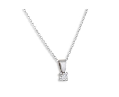 A DIAMOND SOLITAIRE PENDANT, on a chain, mounted in 14ct white gold. Estimated: weight of round brilliant cut diamond: 0.20 c
