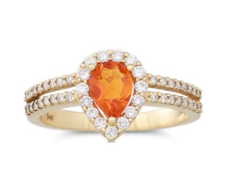 A FIRE OPAL AND DIAMOND CLUSTER RING, pear shaped, mounted in 14ct yellow gold, size O