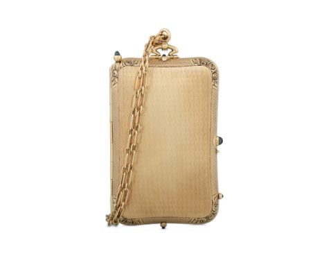 AN EARLY 20TH CENTURY 14CT GOLD DANCE CARD CASE, engine turned decoration, sapphire buttons, mirrored interior, on a chain