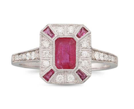 AN 18CT WHITE GOLD RUBY AND DIAMOND CLUSTER RING, size N - O