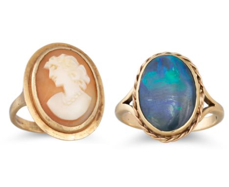 A 9CT GOLD CAMEO RING, together with an opal ring in 9ct gold. Size: K-L and N