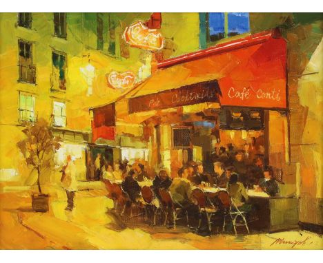 Sergei Menyayev (b.1957)'Street Cafe', 2018signed 'Menyayev' l.l., oil on canvas29.5 x 39.5cmCondition ReportFramed 37.5 x 47