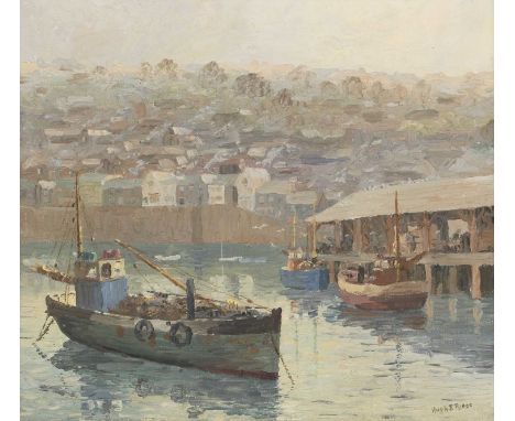 ▴ Hugh E Ridge (1899-1976)'Autumn Evening, Newlyn'signed 'Hugh E. Ridge' l.r., inscribed with title on label verso, oil on ca