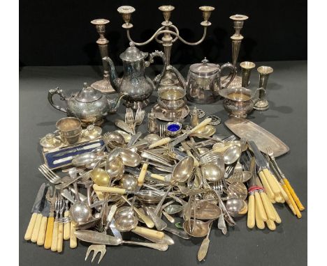 Silver Plated Ware - a four piece tea service; candelabrum; candlesticks; flatware; mother of pearl hafted fruit knives and f