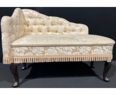 A Queen Anne style miniature chaise longue, cream satin upholstery with rose design, button back, pad feet, 65cm high 