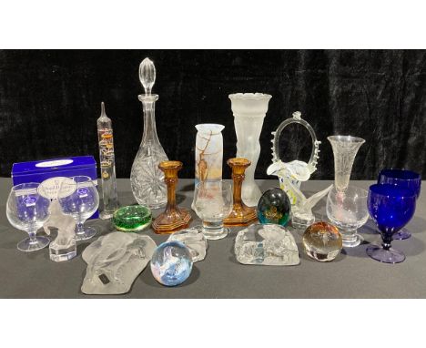 Glassware - a large Mats Jonasson glass sculpture, of an African elephant, signed and labelled, 20.5cm high; others, owl and 