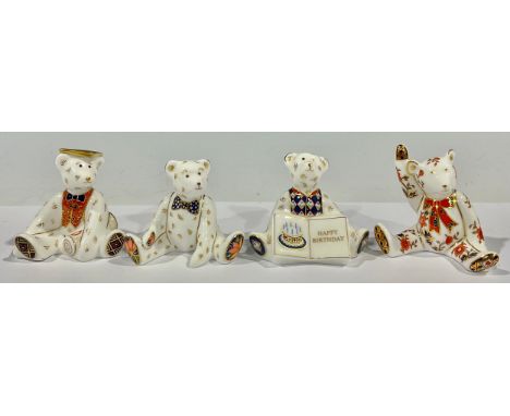A set of four Royal Crown Derby miniature bears, Alice, Edward, Happy Birthday, first quality and Graduate, second quality, p