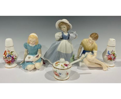 A Royal Doulton figure, Treasure Island, HN2243; another, Alice, HN2158; a Nao figure, Girl with Vase; a Hammersley three pie