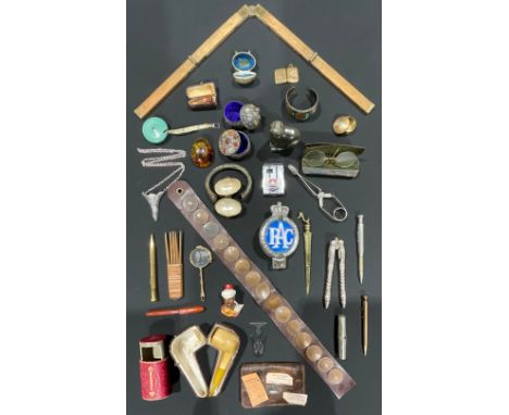 Boxes and Objects - sewing thimble cases; a meerschaum pipe; middle eastern boxes; an African slave currency ingot bangle; et