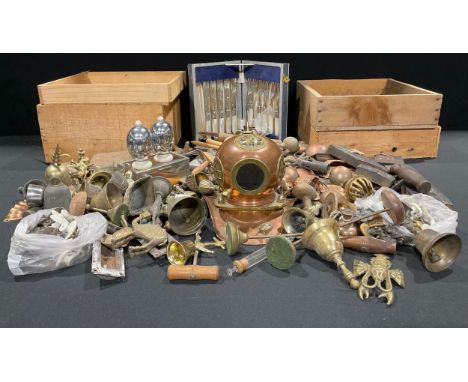Four boxes of brass fittings, tools, printing blocks, divers helmet, etc 