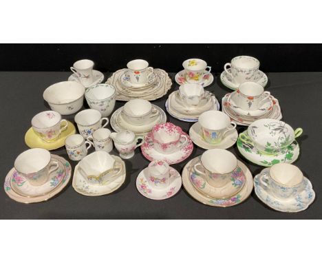 A collection of Shelley teaware, various patterns including Chelsea, Chippendale, etc, some trios, qty 